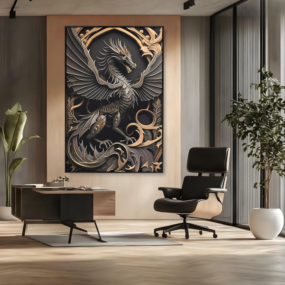 Tablou canvas cu ilustratie digitala cu dragon mitic, in rama de aluminiu negru, pe perete intr-un birou